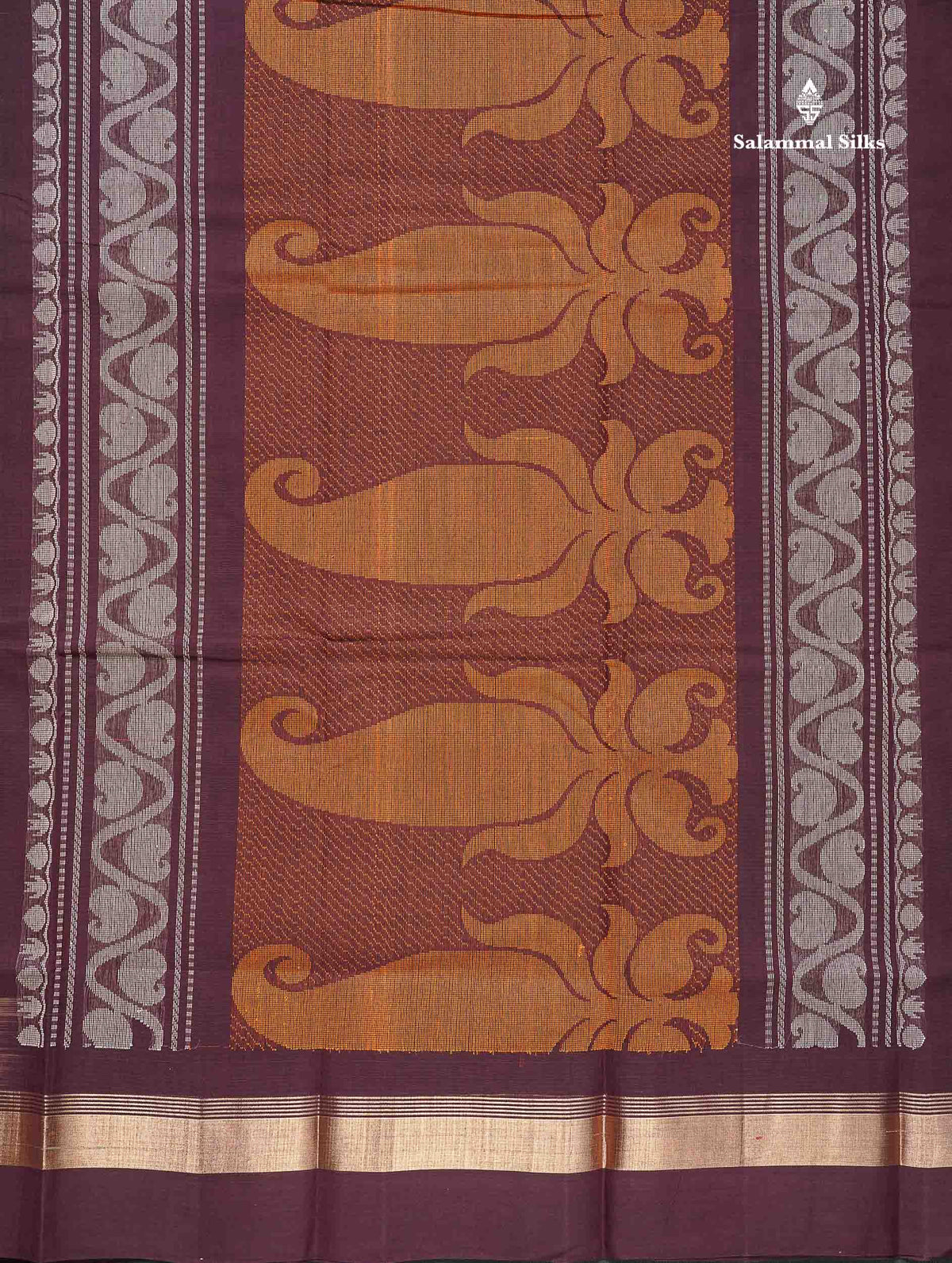 Handloom Pure Cotton Saree - Light Brown Colour Body With Contrast Dark Purple Blouse