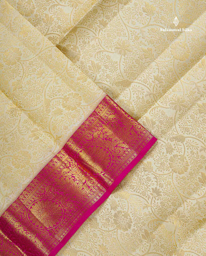 Bridal Pure Kanjivaram Silk Saree - Half White Colour Body With Contrast Pink Traditional Evening Morning Border