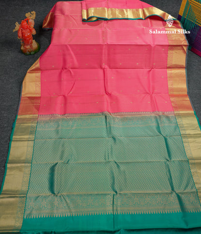 Beautiful Pink Tiny Zari Checks With Butta Pure Kanjivaram Silk Saree With Contrast Sapphire Green Blouse
