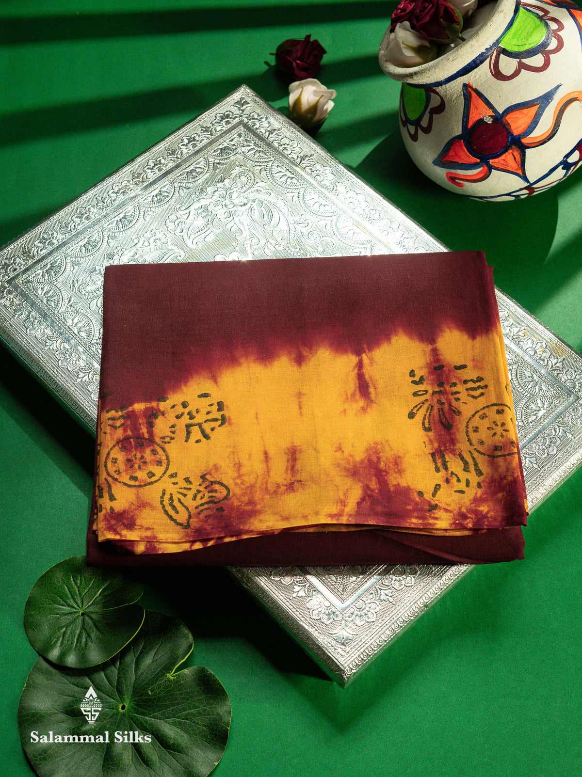Dark Brown Batik Print Sungudi Pure Cotton Saree With Contrast Mango Yellow Blouse