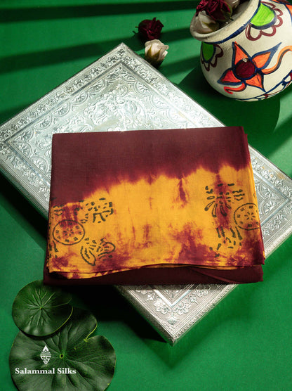 Dark Brown Batik Print Sungudi Pure Cotton Saree With Contrast Mango Yellow Blouse