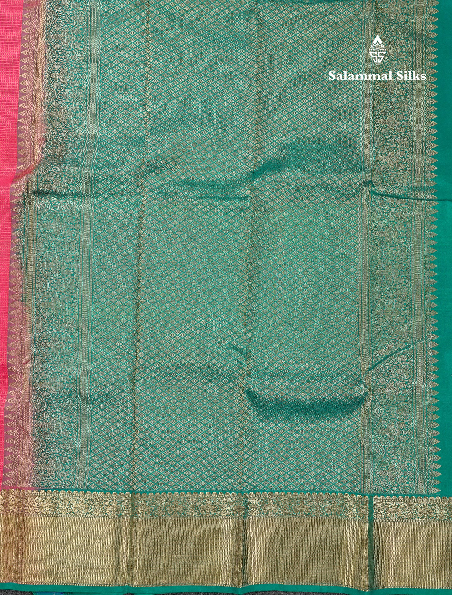 Beautiful Pink Tiny Zari Checks With Butta Pure Kanjivaram Silk Saree With Contrast Sapphire Green Blouse