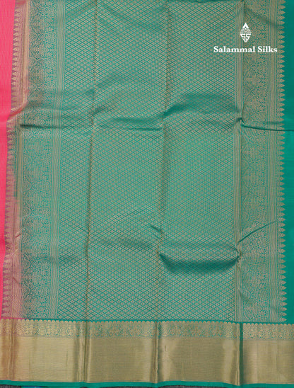 Beautiful Pink Tiny Zari Checks With Butta Pure Kanjivaram Silk Saree With Contrast Sapphire Green Blouse