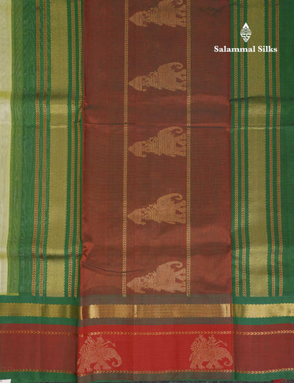 Beautiful Light Pista Green Plain Pure Silk Cotton Saree With Dual Tone Maroon Traditional Border