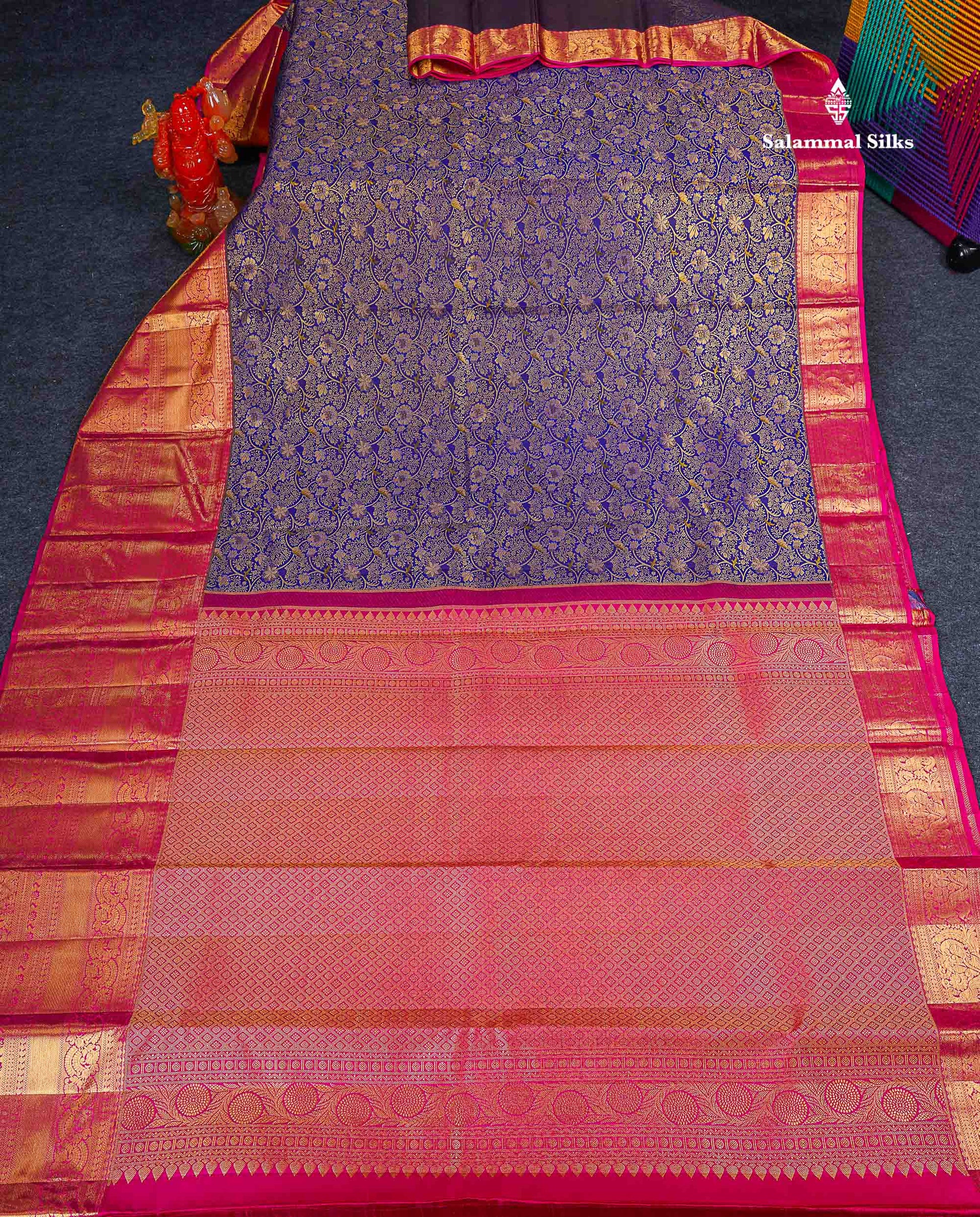 Bridal Pure Kanjivaram Silk Saree - Navy Blue Colour Body With Contrast Pink Traditional Evening Morning Border 