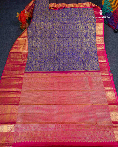 Bridal Pure Kanjivaram Silk Saree - Navy Blue Colour Body With Contrast Pink Traditional Evening Morning Border 