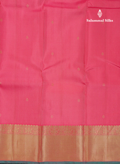 Beautiful Pink Tiny Zari Checks With Butta Pure Kanjivaram Silk Saree With Contrast Sapphire Green Blouse