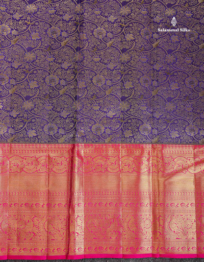 Bridal Pure Kanjivaram Silk Saree - Navy Blue Colour Body With Contrast Pink Traditional Evening Morning Border