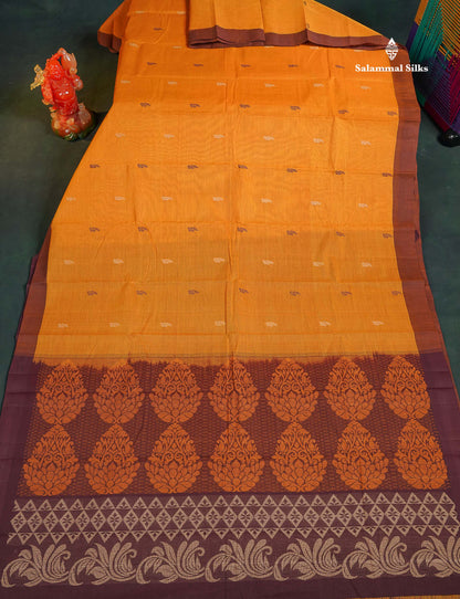 Handloom Pure Cotton Saree - Mustard Yellow Colour Body With Contrast Dark Brown Blouse