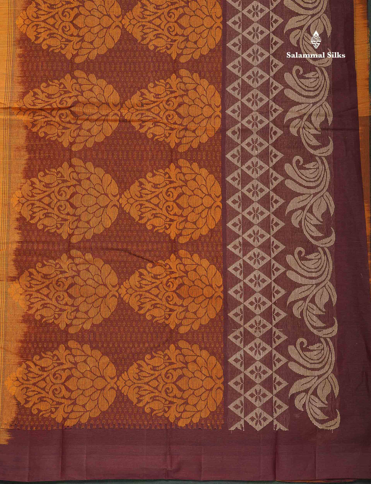 Handloom Pure Cotton Saree - Mustard Yellow Colour Body With Contrast Dark Brown Blouse