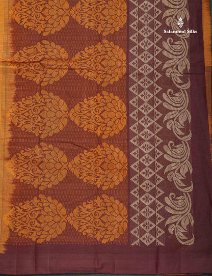 Handloom Pure Cotton Saree - Mustard Yellow Colour Body With Contrast Dark Brown Blouse
