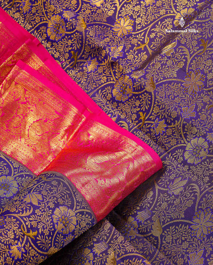 Bridal Pure Kanjivaram Silk Saree - Navy Blue Colour Body With Contrast Pink Traditional Evening Morning Border