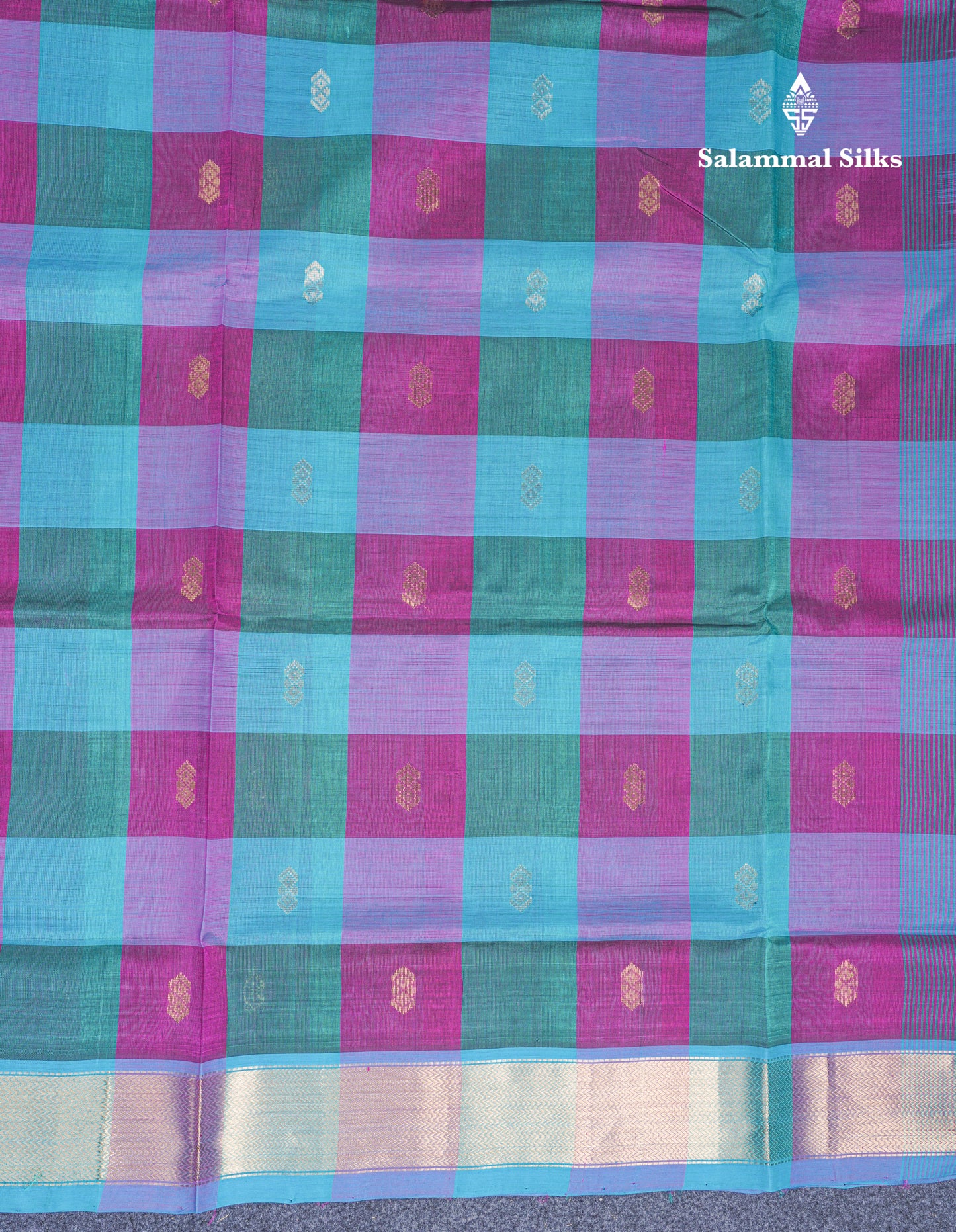 Paalum Pazham Checks Pure Silk Cotton Saree With Contrast Sapphire Blue Blouse