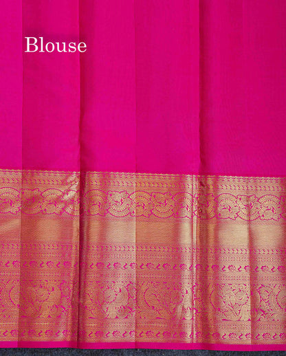 Bridal Pure Kanjivaram Silk Saree - Navy Blue Colour Body With Contrast Pink Traditional Evening Morning Border
