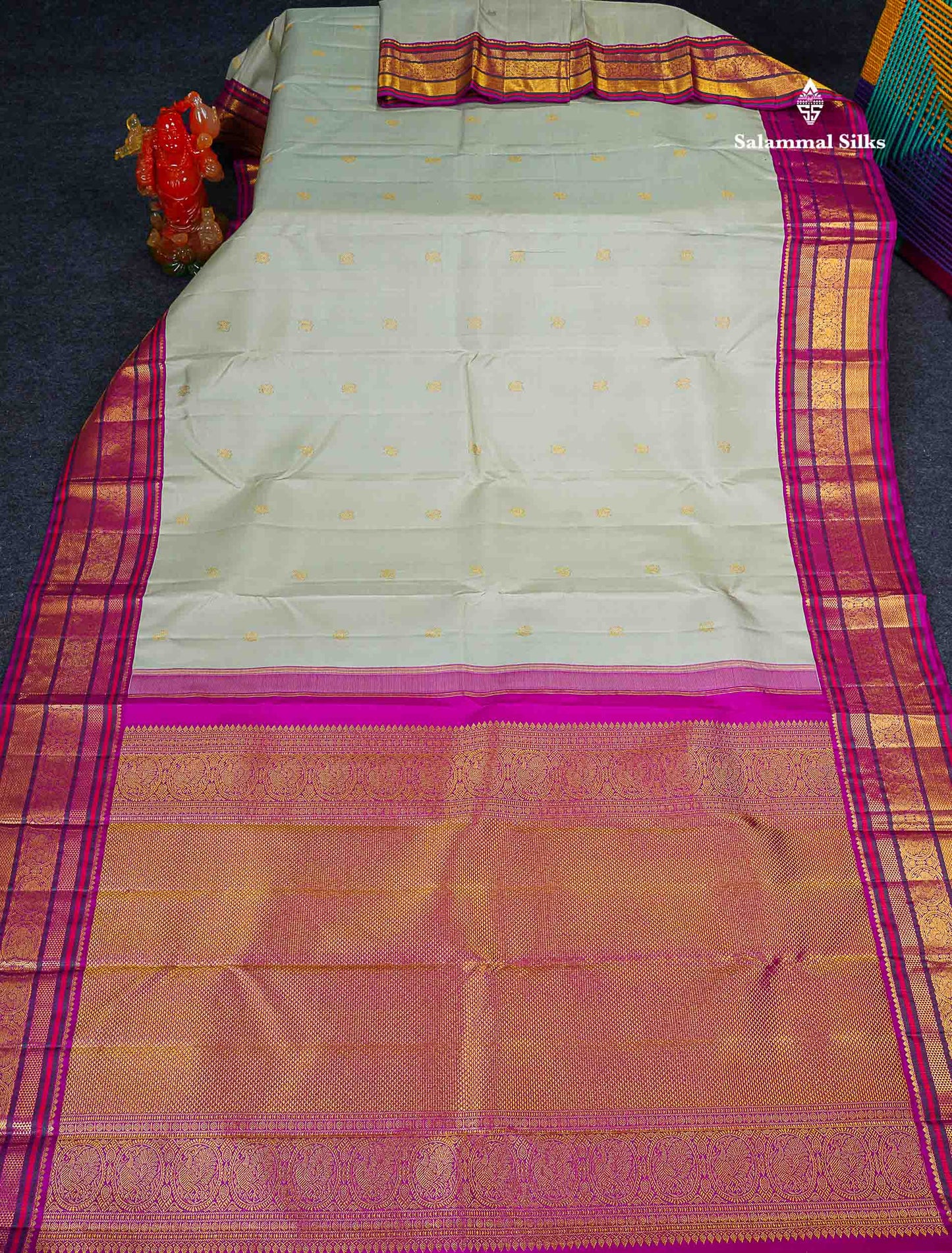 Korvai Pure Kanjivaram Silk Saree - Greenish Grey Colour Body With Contrast Magenta Pink Traditional Evening Morning Border