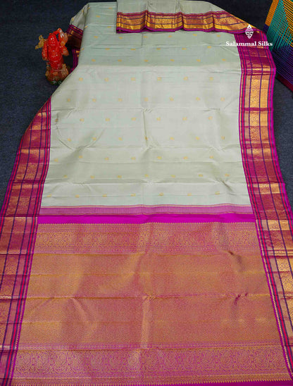 Korvai Pure Kanjivaram Silk Saree - Greenish Grey Colour Body With Contrast Magenta Pink Traditional Evening Morning Border