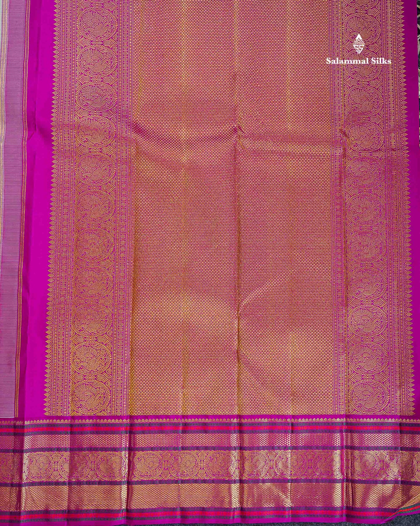 Korvai Pure Kanjivaram Silk Saree - Greenish Grey Colour Body With Contrast Magenta Pink Traditional Evening Morning Border