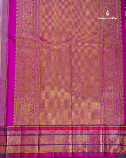 Korvai Pure Kanjivaram Silk Saree - Greenish Grey Colour Body With Contrast Magenta Pink Traditional Evening Morning Border