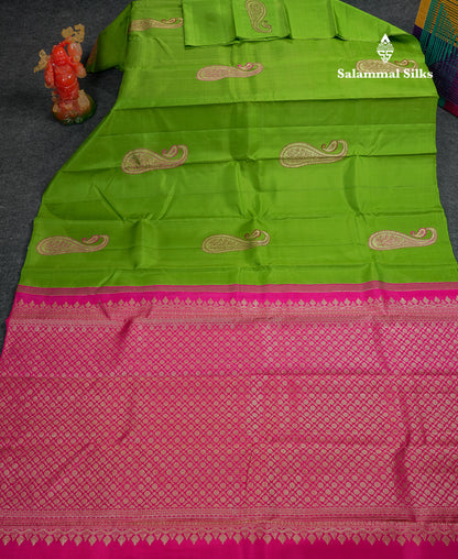 Beautiful Parrot Green Thread Work Butta Fancy Pure Kanjivaram Silk Saree With Contrast Pink Blouse