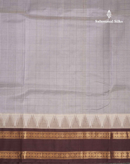 Beautiful Light Grey Pure Silk Cotton Saree With Contrast Dark Purple Traditional Rettapet Border
