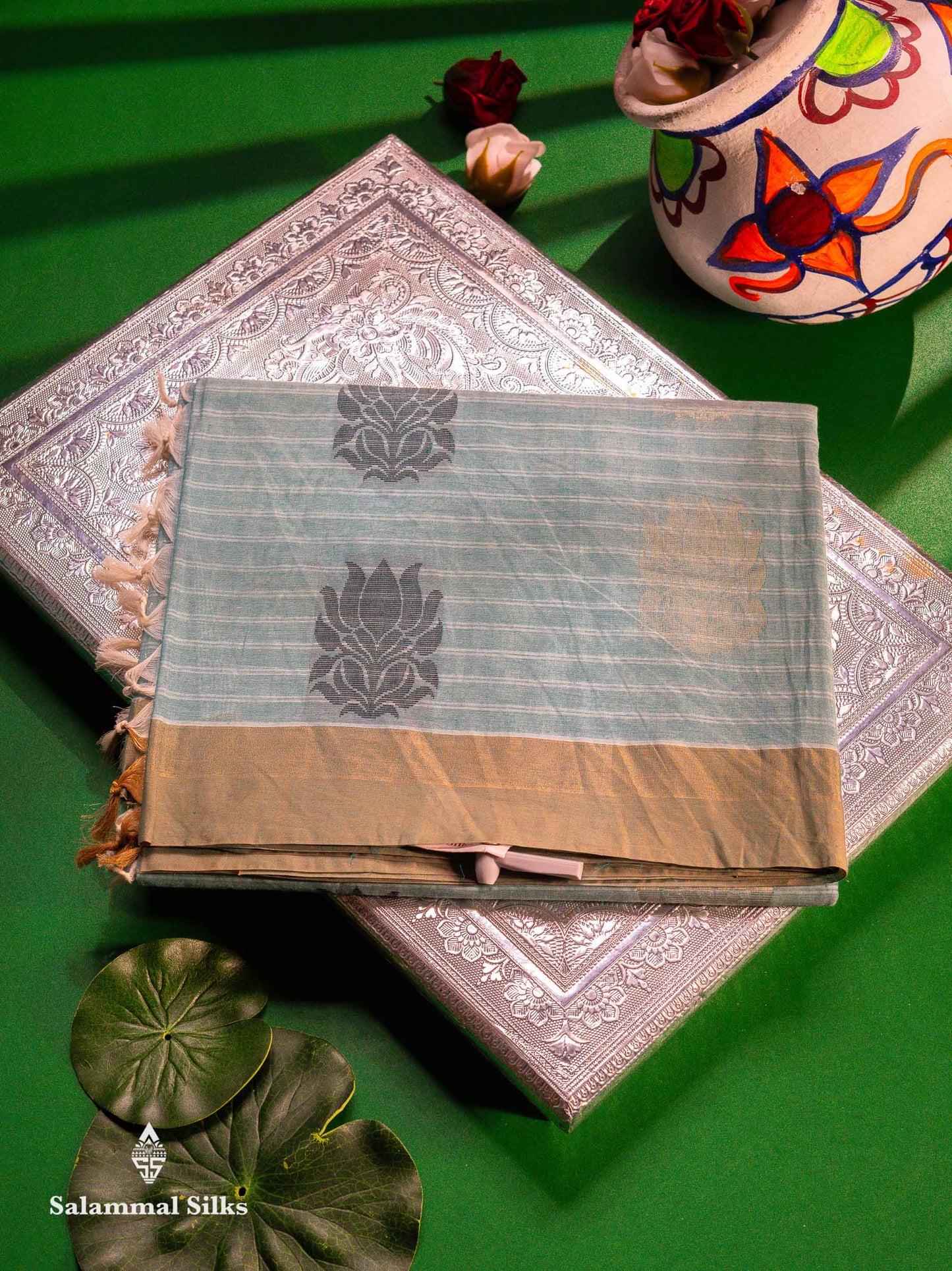 Beautiful Light Blue Thread Butta Pure Cotton Saree With Contrast Green Shade Border