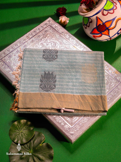 Beautiful Light Blue Thread Butta Pure Cotton Saree With Contrast Green Shade Border