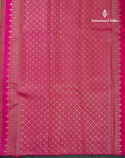 Beautiful Parrot Green Thread Work Butta Fancy Pure Kanjivaram Silk Saree With Contrast Pink Blouse