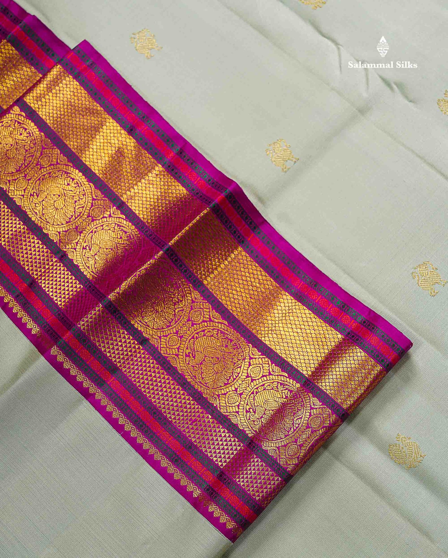 Korvai Pure Kanjivaram Silk Saree - Greenish Grey Colour Body With Contrast Magenta Pink Traditional Evening Morning Border