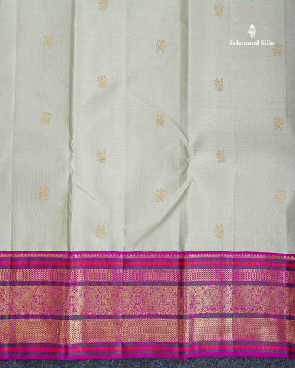 Korvai Pure Kanjivaram Silk Saree - Greenish Grey Colour Body With Contrast Magenta Pink Traditional Evening Morning Border