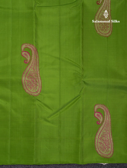 Beautiful Parrot Green Thread Work Butta Fancy Pure Kanjivaram Silk Saree With Contrast Pink Blouse
