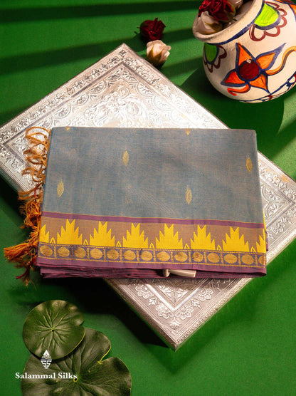 Beautiful Light Elaichi Green Pure Cotton Saree With Traditional Temple Border