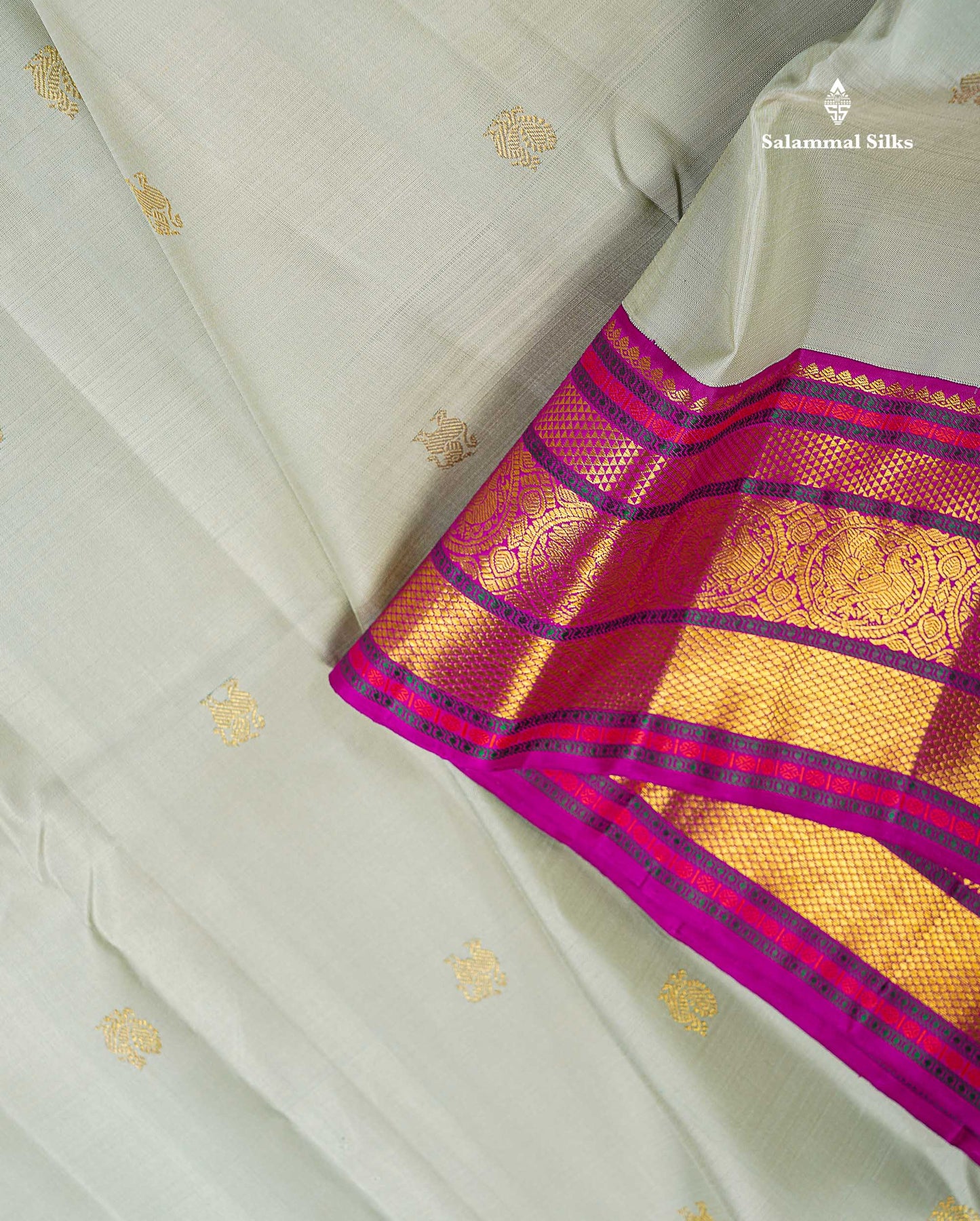 Korvai Pure Kanjivaram Silk Saree - Greenish Grey Colour Body With Contrast Magenta Pink Traditional Evening Morning Border