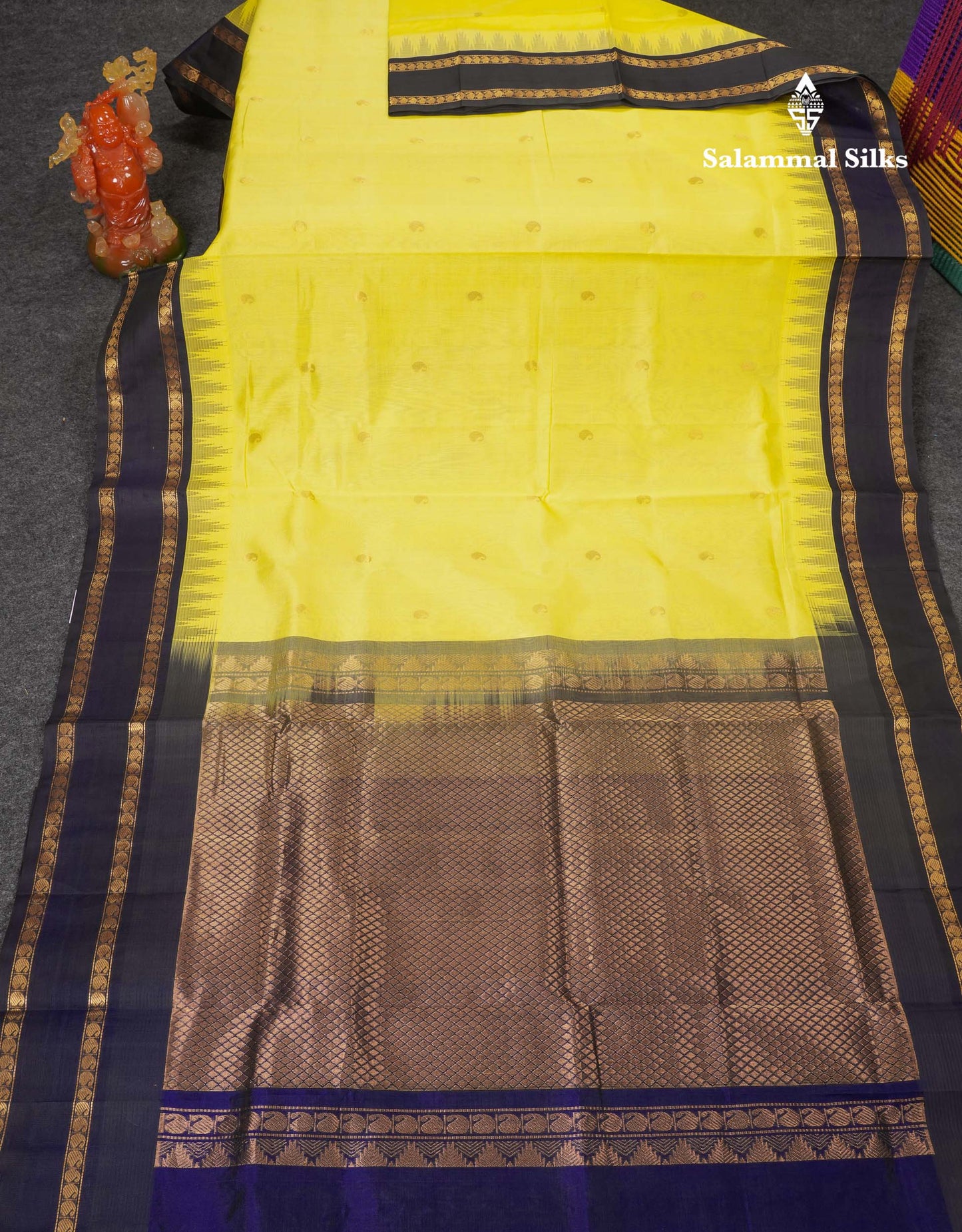Beautiful Lemon Yellow Zari Mango Butta Pure Silk Cotton Saree With Contrast Dark Navy Blue Traditional Gap Border