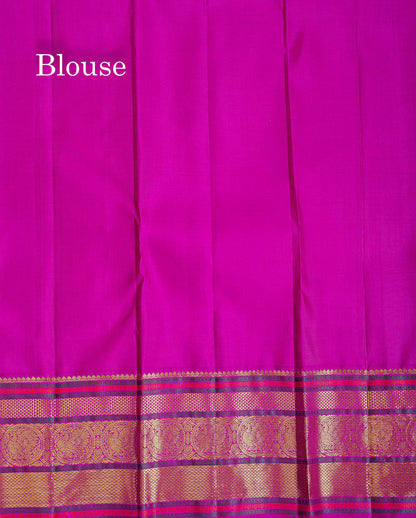 Korvai Pure Kanjivaram Silk Saree - Greenish Grey Colour Body With Contrast Magenta Pink Traditional Evening Morning Border