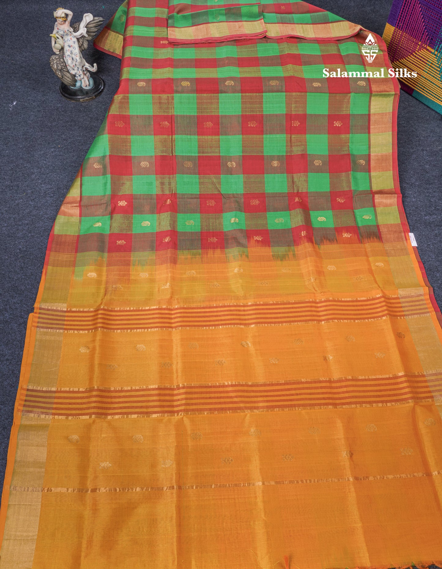 Paalum Pazham Checks Pure Silk Cotton Saree With Contrast Mustard Yellow Blouse