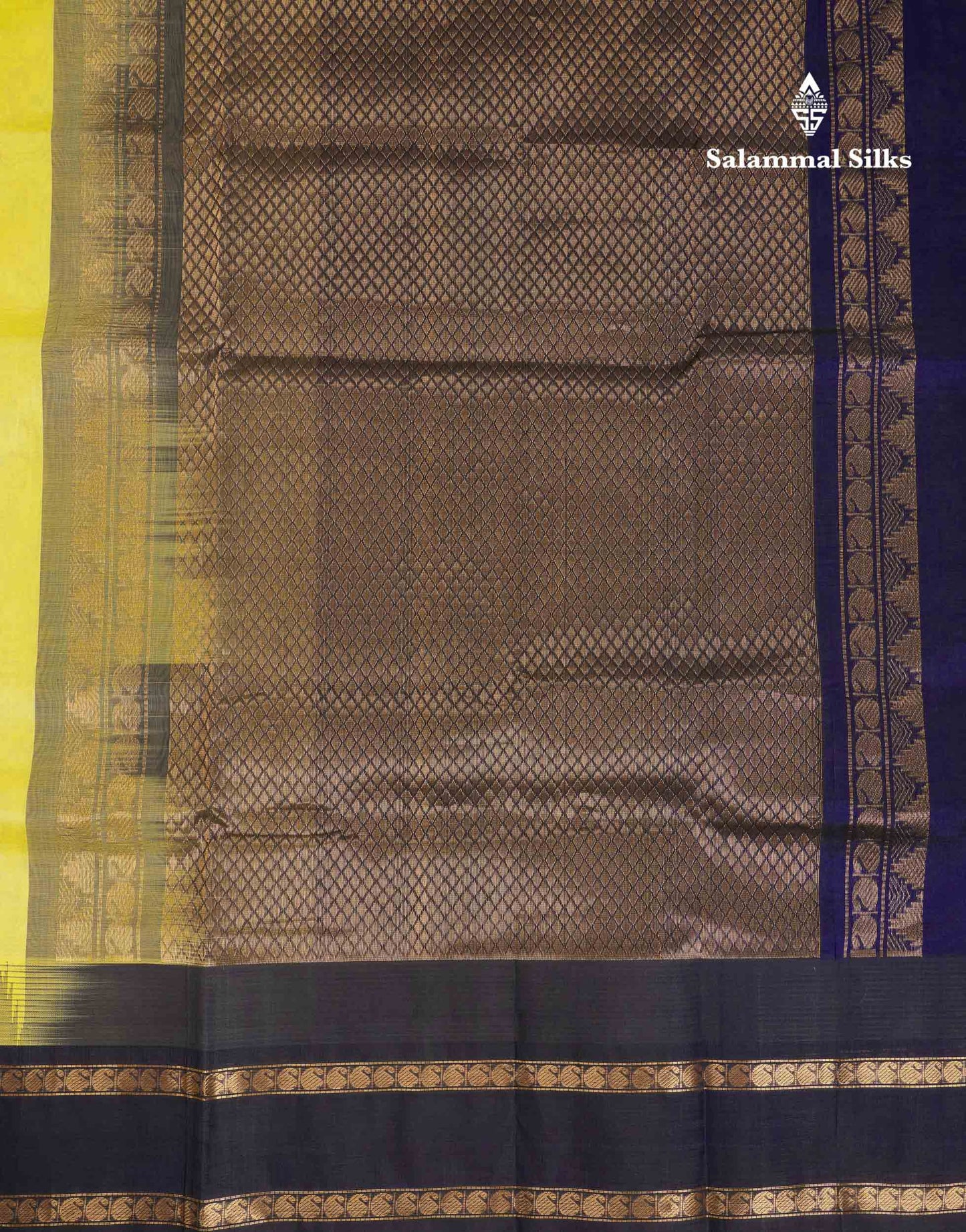 Beautiful Lemon Yellow Zari Mango Butta Pure Silk Cotton Saree With Contrast Dark Navy Blue Traditional Gap Border