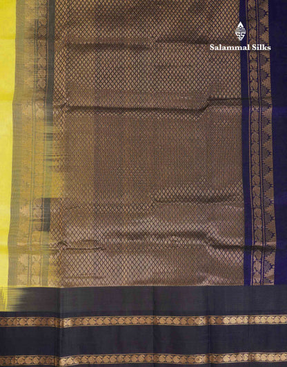 Beautiful Lemon Yellow Zari Mango Butta Pure Silk Cotton Saree With Contrast Dark Navy Blue Traditional Gap Border