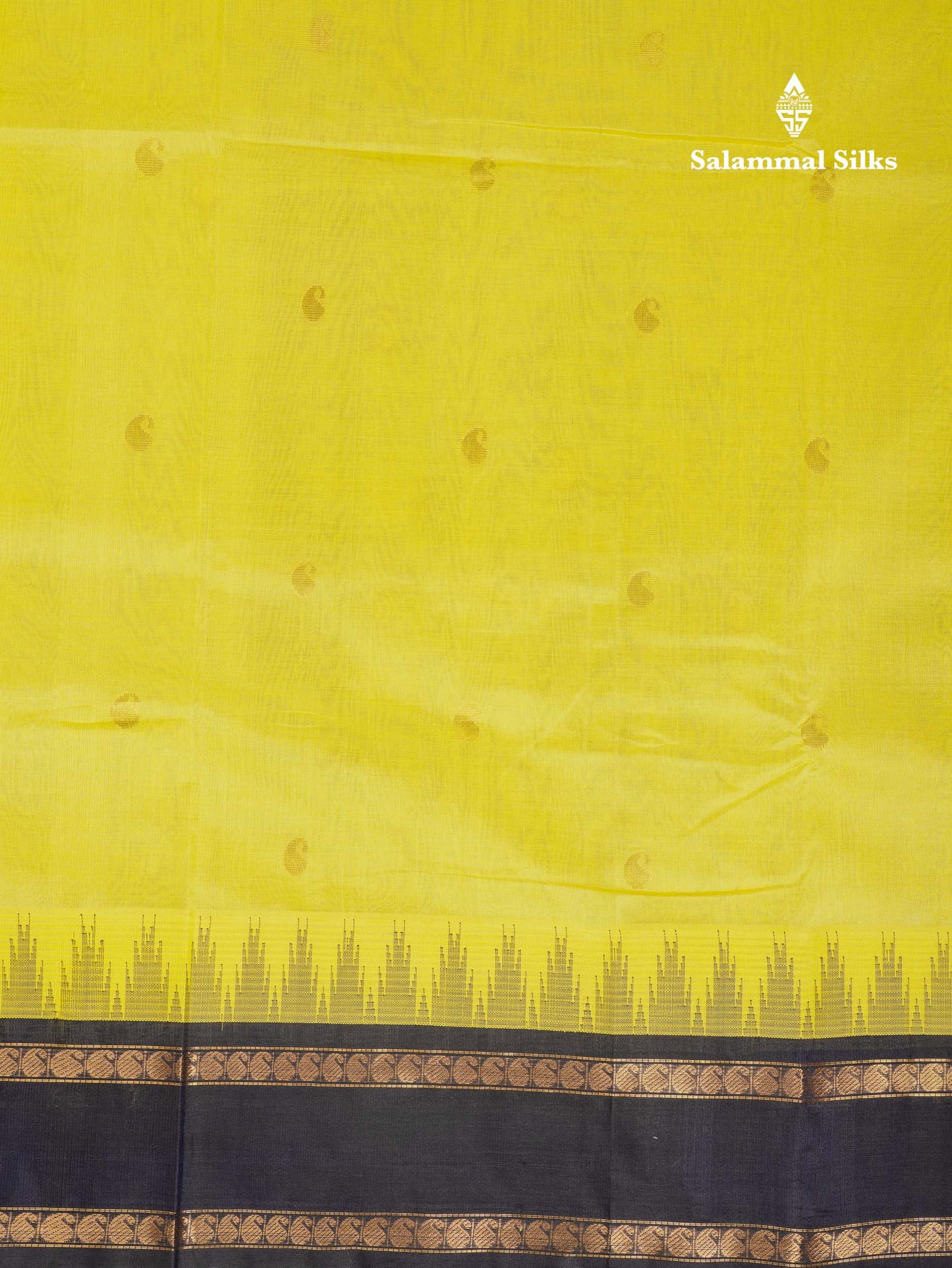 Beautiful Lemon Yellow Zari Mango Butta Pure Silk Cotton Saree With Contrast Dark Navy Blue Traditional Gap Border