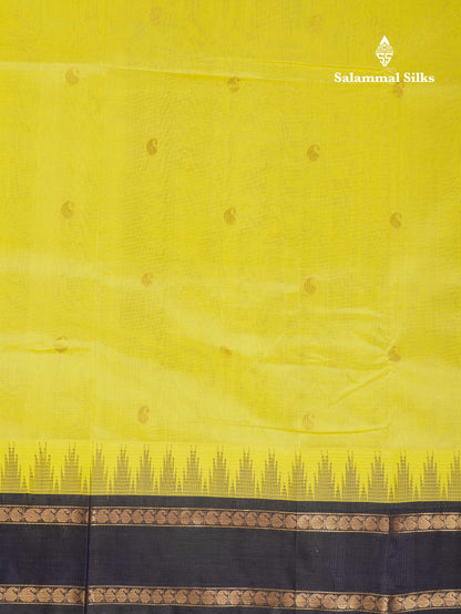 Beautiful Lemon Yellow Zari Mango Butta Pure Silk Cotton Saree With Contrast Dark Navy Blue Traditional Gap Border