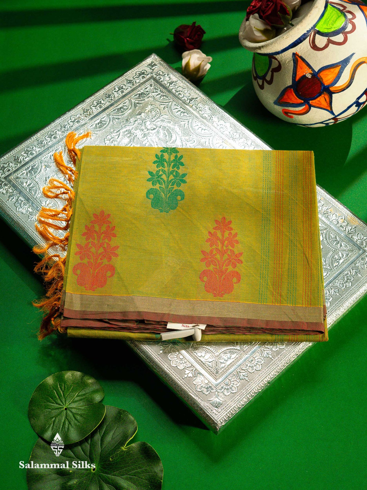 Beautiful Manthulir Green Thread Buttas Pure Cotton Saree With Blouse