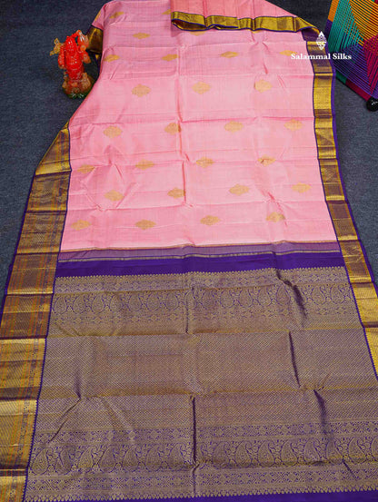 Korvai Pure Kanjivaram Silk Saree - Baby Pink Colour Body With Contrast Purple Traditional Evening Morning Border