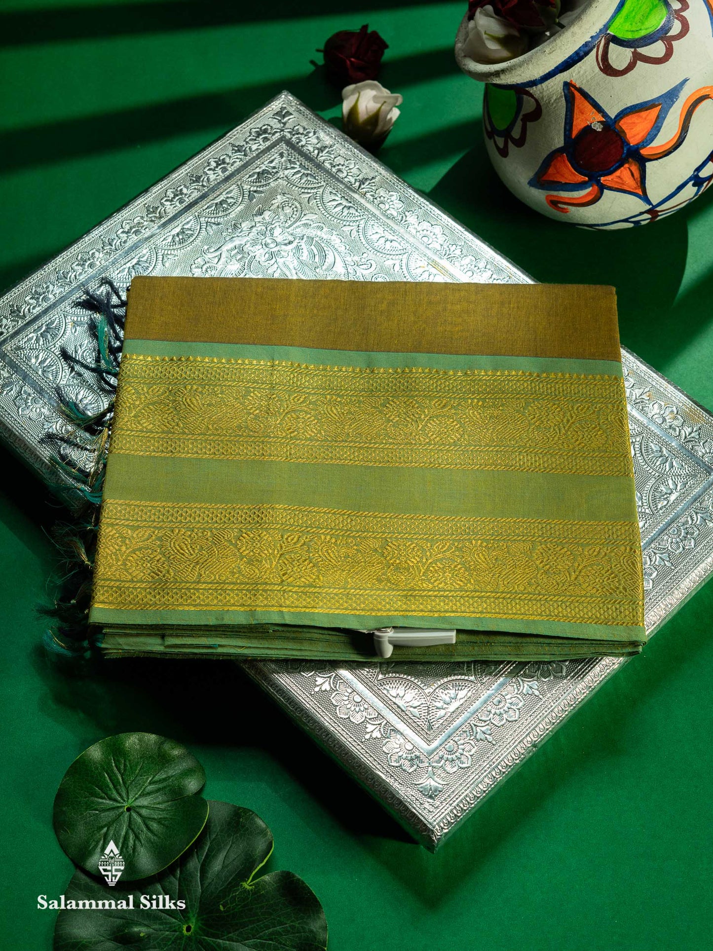 Beautiful Navy Blue Pure Cotton Saree With Contrast Sapphire Green Traditional Gap Border