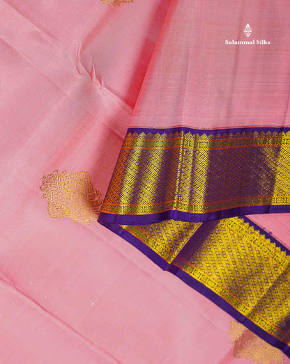 Korvai Pure Kanjivaram Silk Saree - Baby Pink Colour Body With Contrast Purple Traditional Evening Morning Border