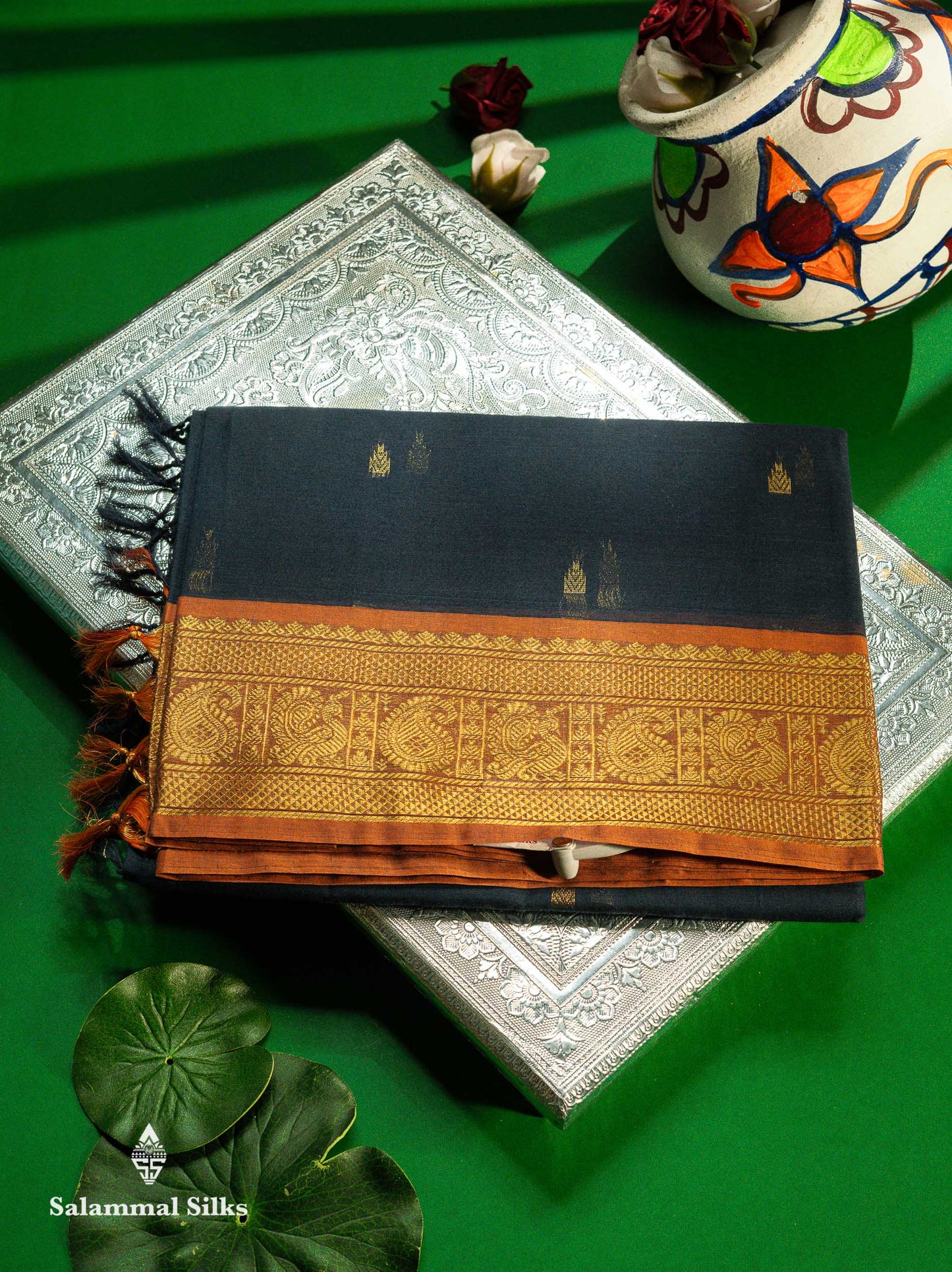 Beautiful Orange Pure Cotton Saree With Contrast Parrot Green Traditional Border