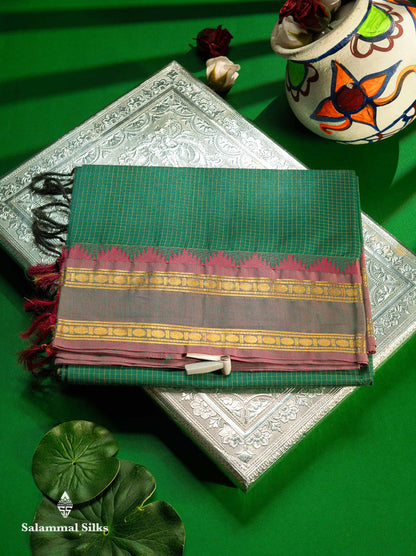Beautiful Cream Sandal Small Checks Pure Cotton Saree With Contrast Brown Traditional Rettapet & Temple Border