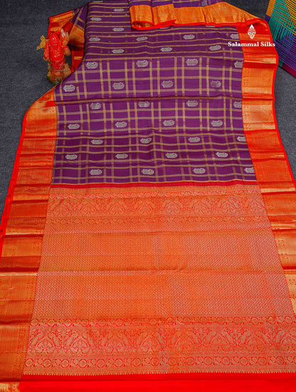 Korvai Pure Kanjivaram Silk Saree - Dark Purple Colour Body Checks With Butta & Contrast Chilly Red Traditional Border