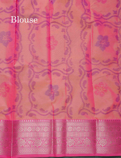 Semi Silk Saree - Dual Tone Blue Colour Body Pochampally Design With Contrast Pink Blouse