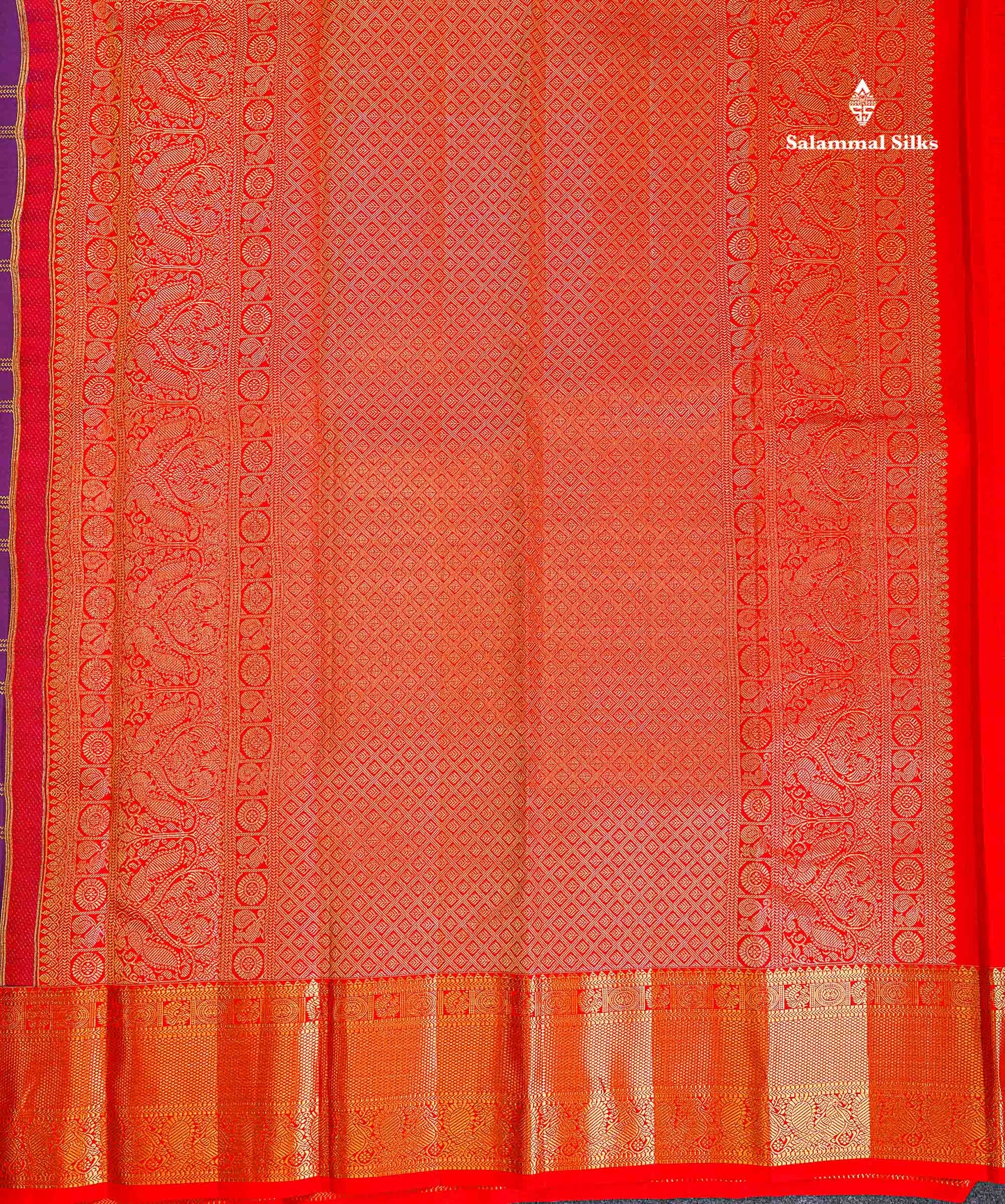 Korvai Pure Kanjivaram Silk Saree - Dark Purple Colour Body Checks With Butta & Contrast Chilly Red Traditional Border