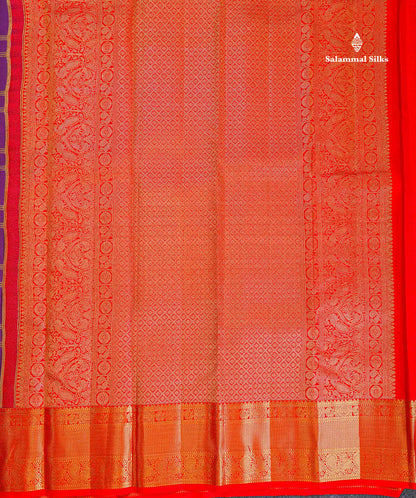 Korvai Pure Kanjivaram Silk Saree - Dark Purple Colour Body Checks With Butta & Contrast Chilly Red Traditional Border