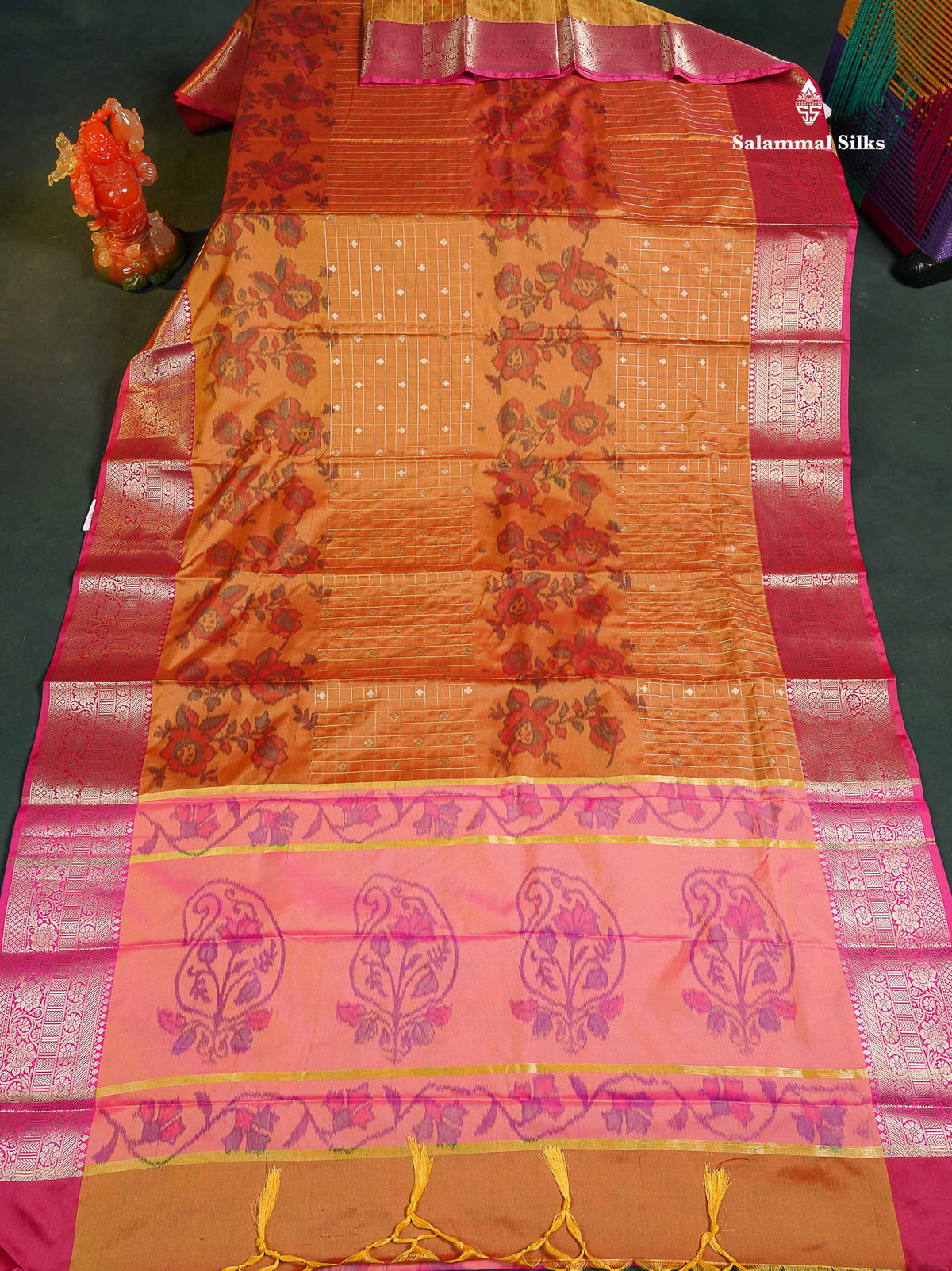 Semi Silk Saree - Orange Colour Body Pochampally Design With Contrast Pink Blouse